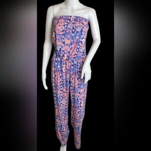 Lilly Pulitzer EUC Pink and Blue Floral Jumpsuit Size Medium PTP Stretch 19